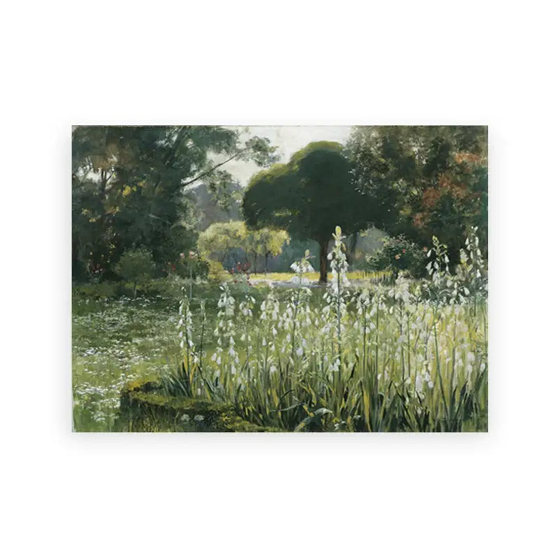Rectangular canvas print featuring a vintage summer landscape of tall white flowers and lush green foliage by decorbites