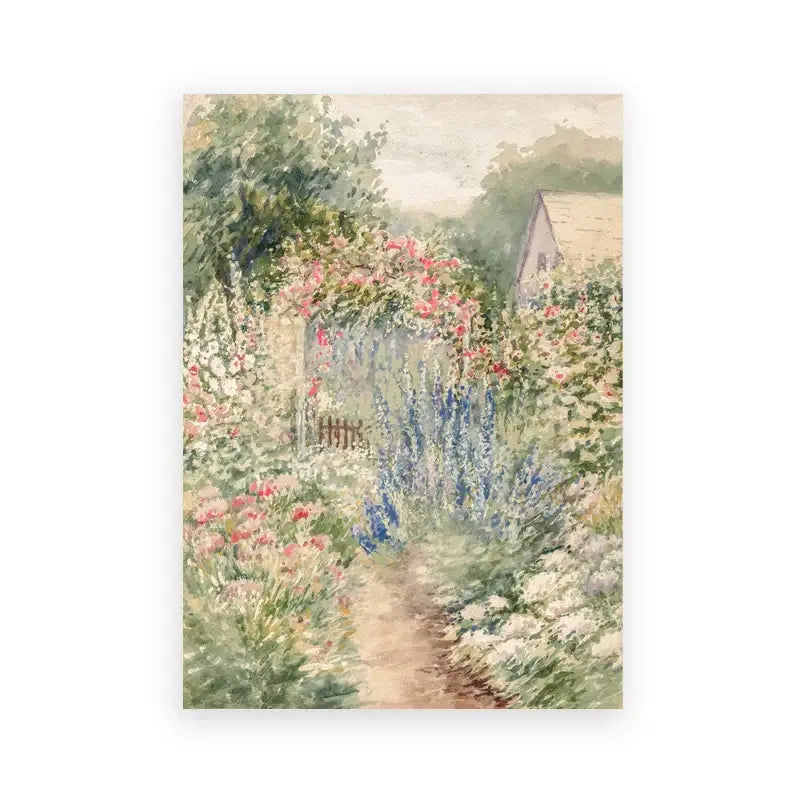 A soft watercolor vintage summer landscape canvas print by decorbites featuring a winding garden path and vibrant flowers