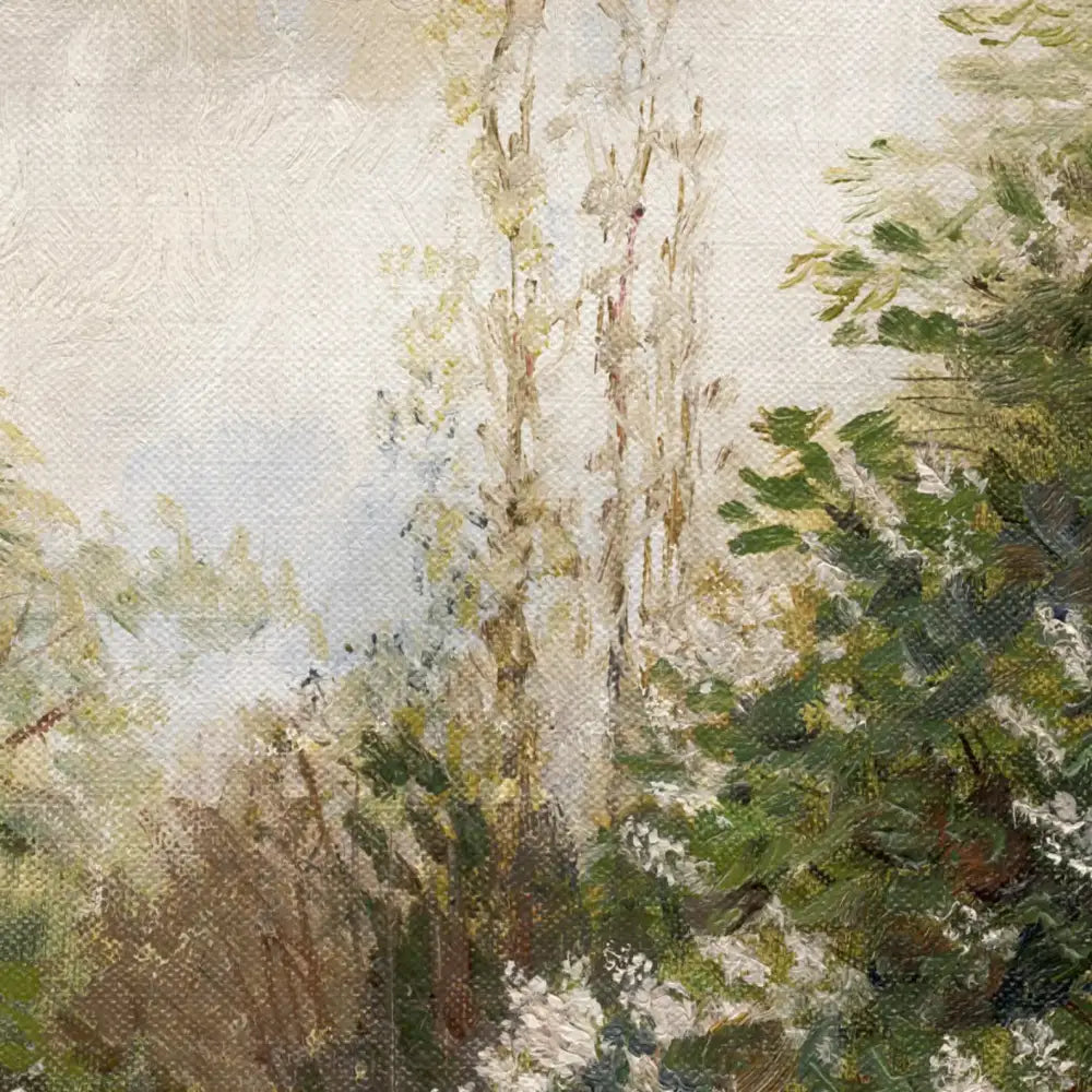 DecorBites™ vintage summer landscape canvas print featuring pale tree trunks and green foliage on a soft sky background