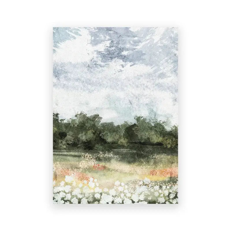 DecorBites vintage summer landscape canvas print featuring a watercolor field of white and pink flowers under gray sky