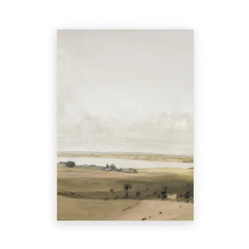 DecorBites™ vintage summer landscape oil painting print featuring soft green tones and a serene beige-toned river scene
