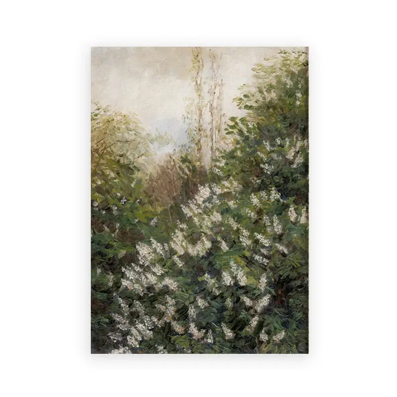 Decorbites™ vintage summer landscape oil painting print on rectangular canvas features lush green foliage and white blossoms