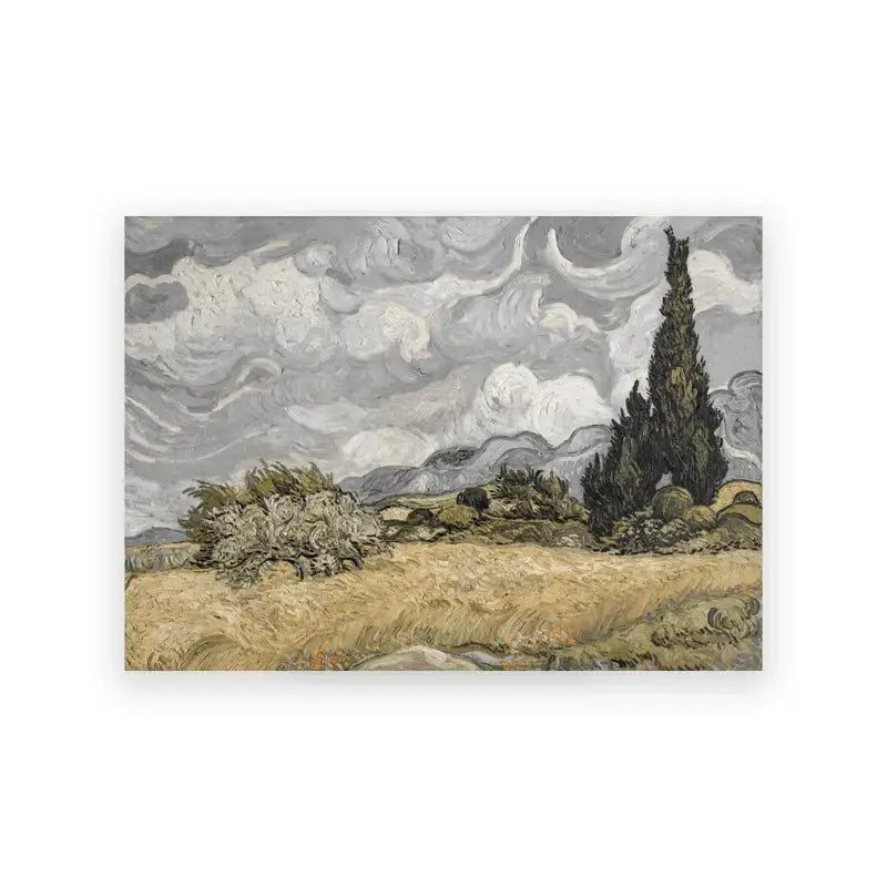 DecorBites™ vintage summer landscape oil painting print reproducing van Gogh wheatfield with cypresses in yellow and green