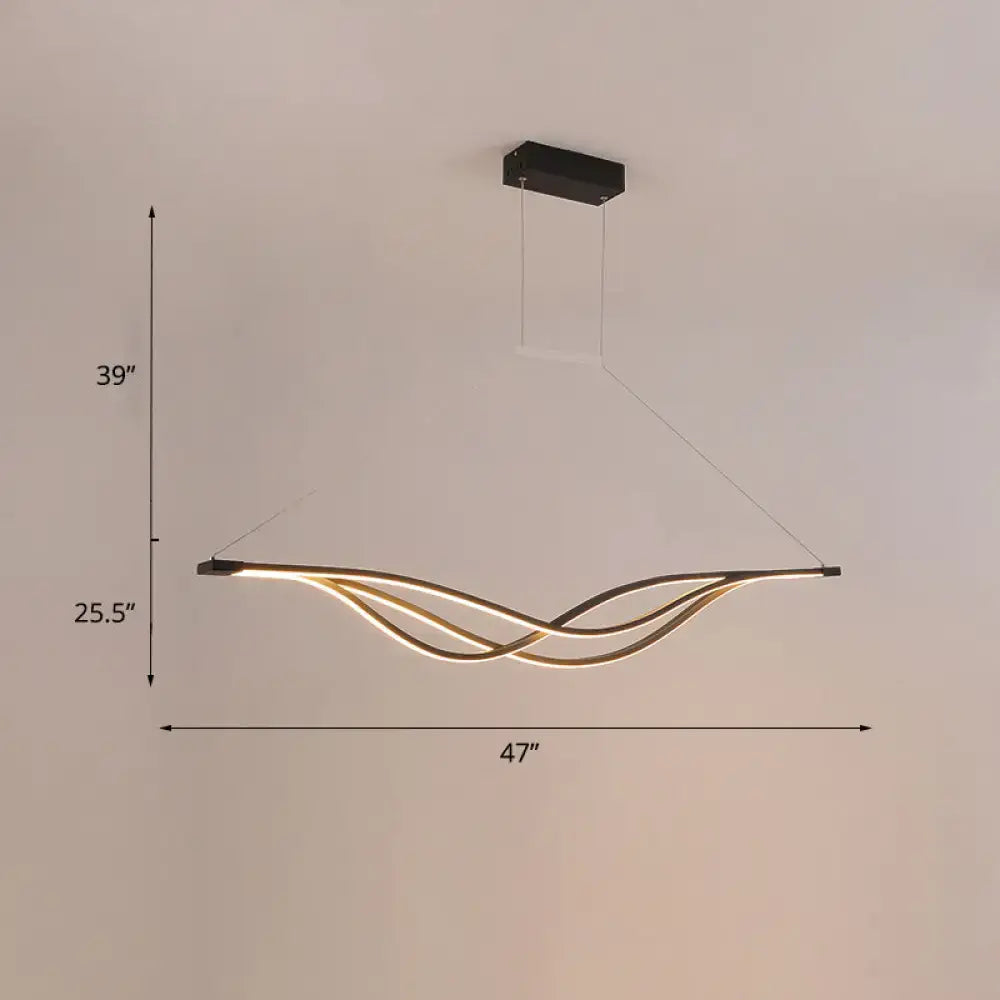 Modern black and gold metal wave shaped island light fixture with intertwined design for dining room illumination