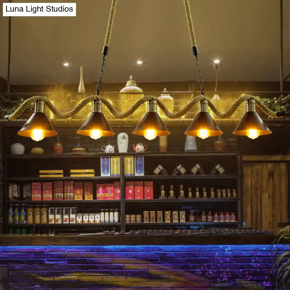 DecorBites™ Wavy Hemp Rope Island Light Fixture: Rustic Bar Hanging Light with Black Cone Metal Shade