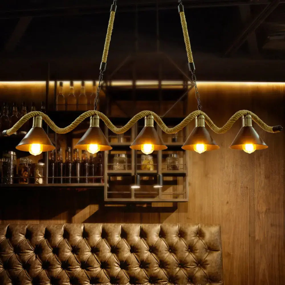 DecorBites™ Wavy Hemp Rope Island Light Fixture: Rustic Bar Hanging Light with Black Cone Metal Shade