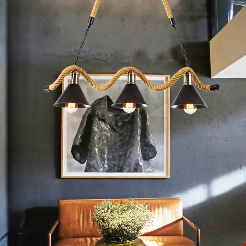 DecorBites™ Wavy Hemp Rope Island Light Fixture: Rustic Bar Hanging Light with Black Cone Metal Shade