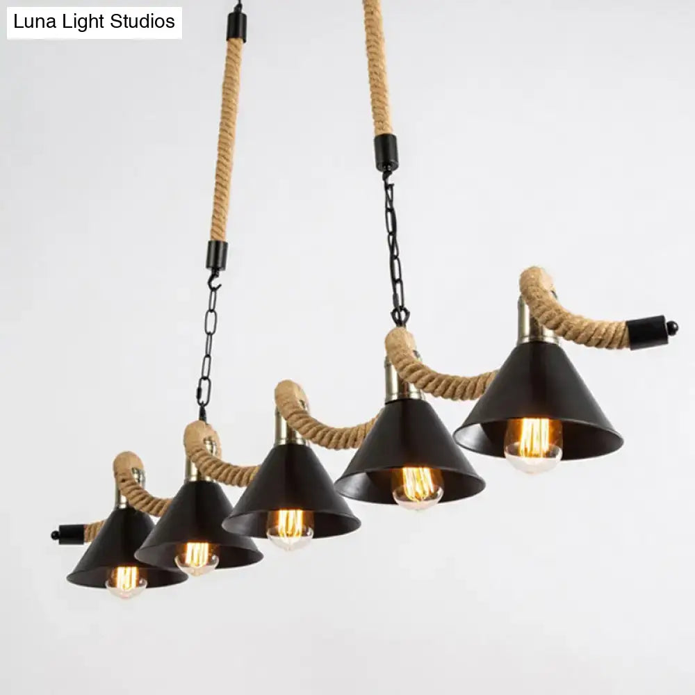 DecorBites™ Wavy Hemp Rope Island Light Fixture: Rustic Bar Hanging Light with Black Cone Metal Shade