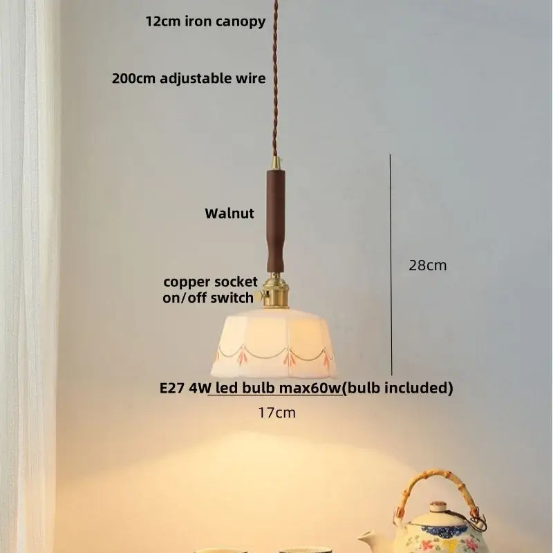 DecorBites™ White Ceramic LED Pendant Light with Walnut Wood Accent - Modern Nordic Design