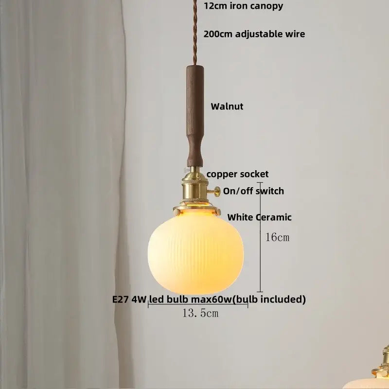 DecorBites™ White Ceramic LED Pendant Light with Walnut Wood Accent - Modern Nordic Design