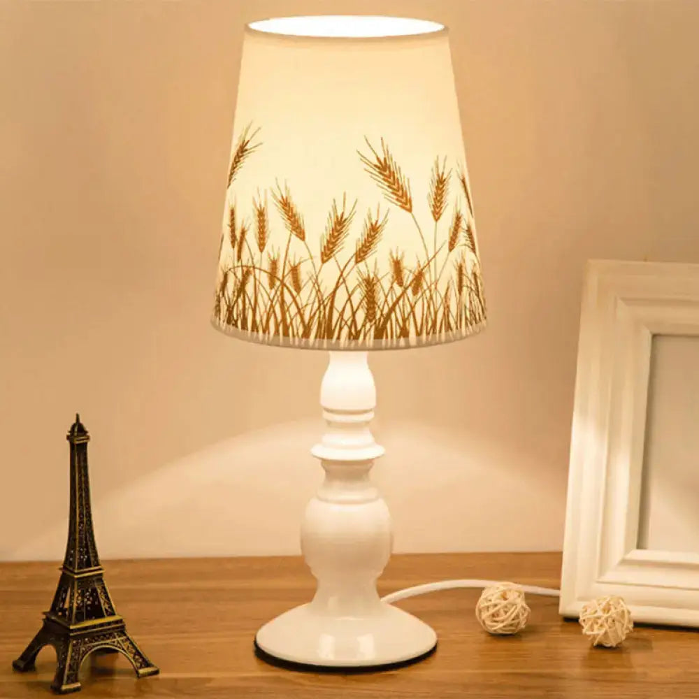 DecorBites™ White Classic Patterned Fabric Bucket Nightstand Lamp with Baluster Base - 1 Head Table Lighting