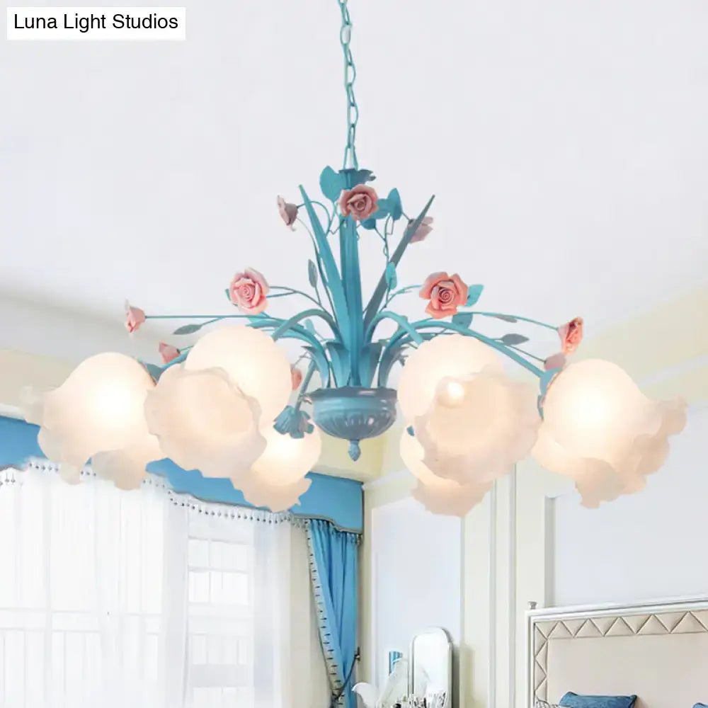 DecorBites™ White Glass Chandelier Light - Floral Countryside 8 Bulbs Pendant Lamp for Living Room in Blue