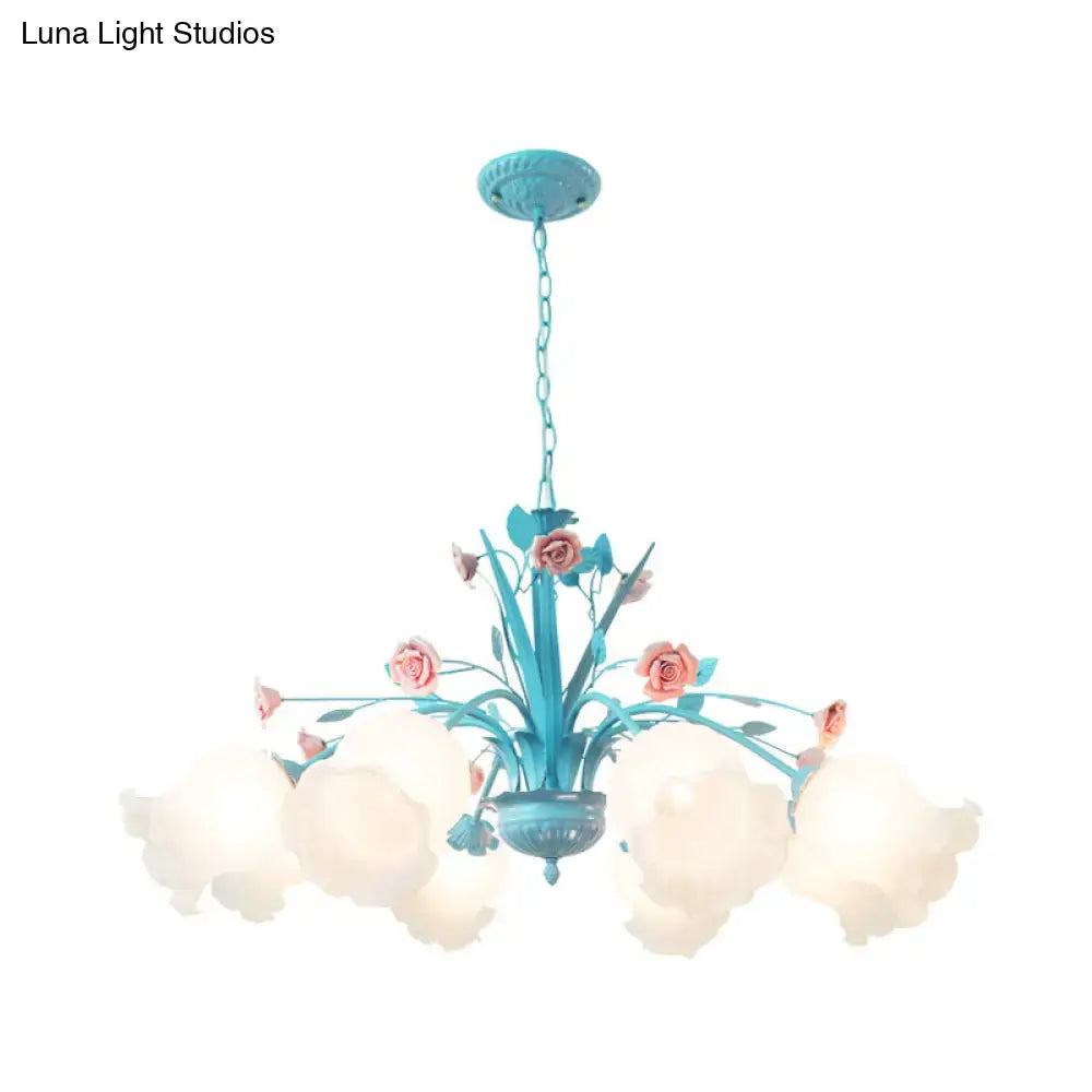DecorBites™ White Glass Chandelier Light - Floral Countryside 8 Bulbs Pendant Lamp for Living Room in Blue