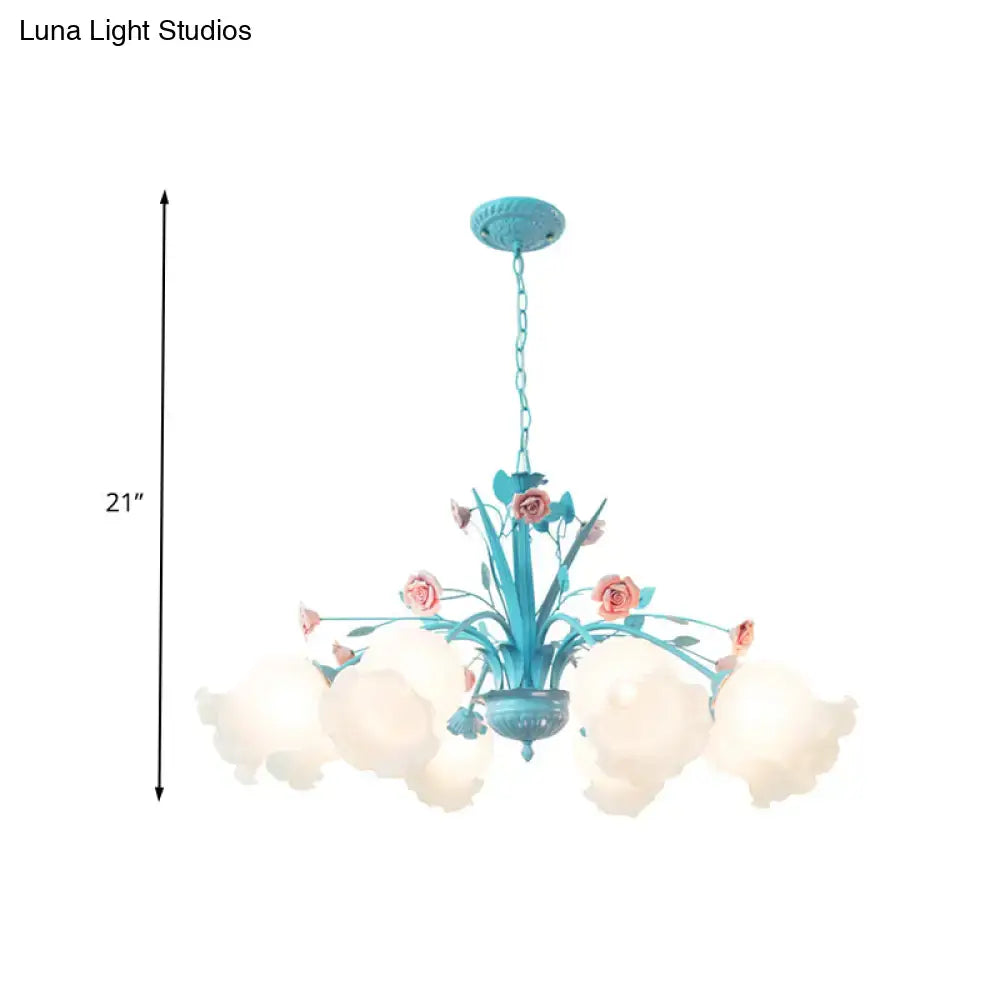 DecorBites™ White Glass Chandelier Light - Floral Countryside 8 Bulbs Pendant Lamp for Living Room in Blue