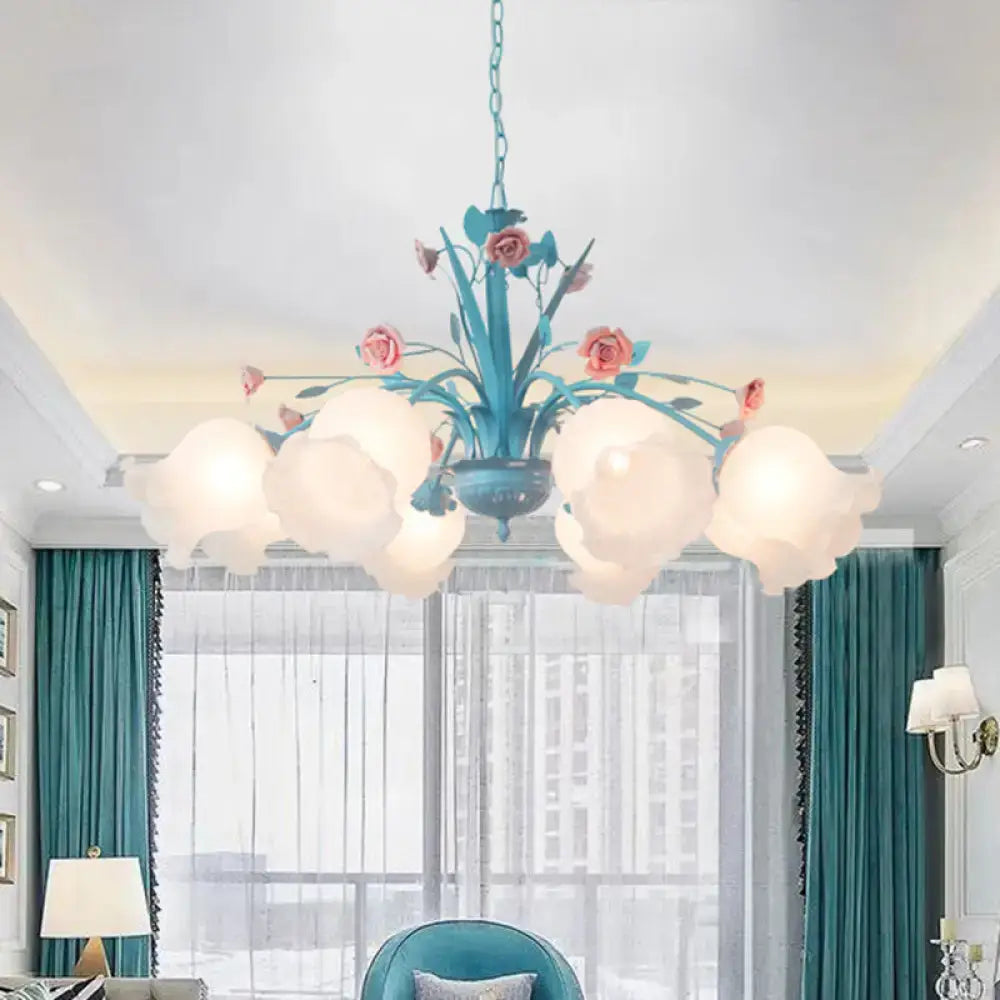 DecorBites™ White Glass Chandelier Light - Floral Countryside 8 Bulbs Pendant Lamp for Living Room in Blue