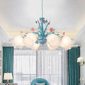 DecorBites™ White Glass Chandelier Light - Floral Countryside 8 Bulbs Pendant Lamp for Living Room in Blue