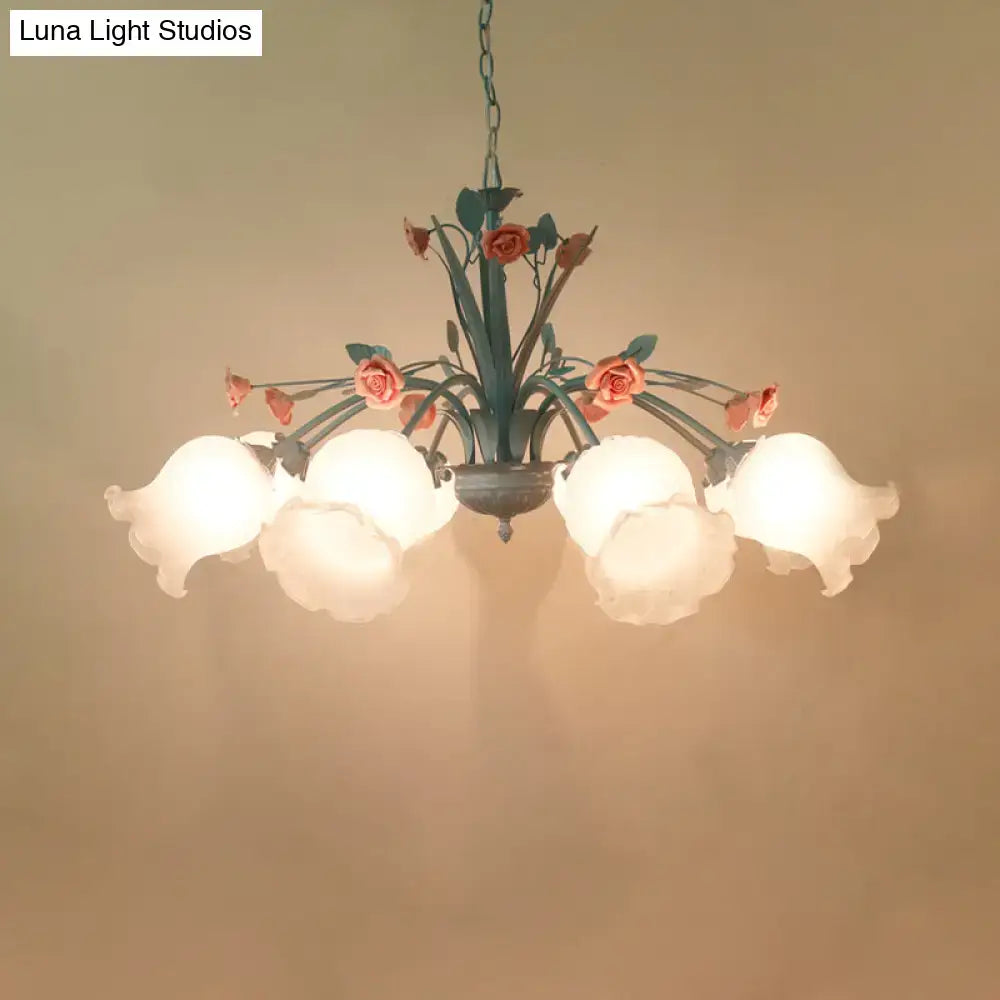 DecorBites™ White Glass Chandelier Light - Floral Countryside 8 Bulbs Pendant Lamp for Living Room in Blue