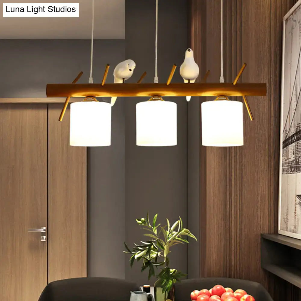 DecorBites™ White Glass LED Pendant Light with Resin Bird - Cylinder Restaurant Island Hanging Fixture