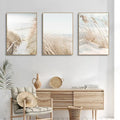 Three framed decorbites™ white seascape canvas set with beige and white beach and botanical wall art featuring coastal paths