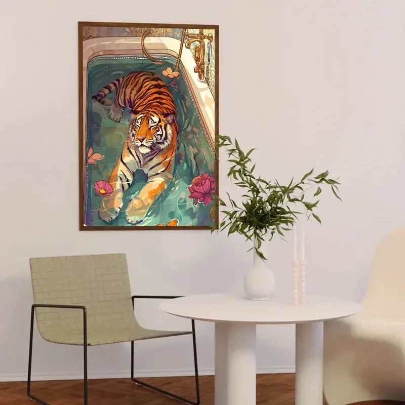 DecorBites wildlife bathroom canvas painting of a vibrant tiger in an ornate bathtub with pink lotus flowers