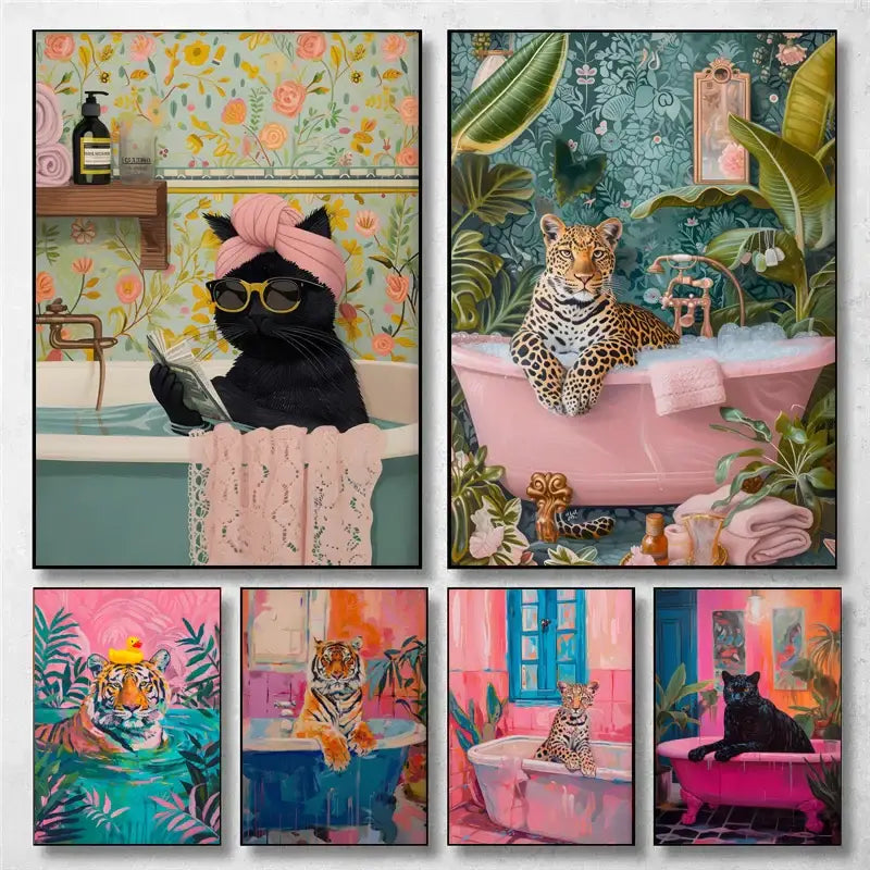 DecorBites™ Wildlife Bathroom Canvas Art Tiger Zebra Cat