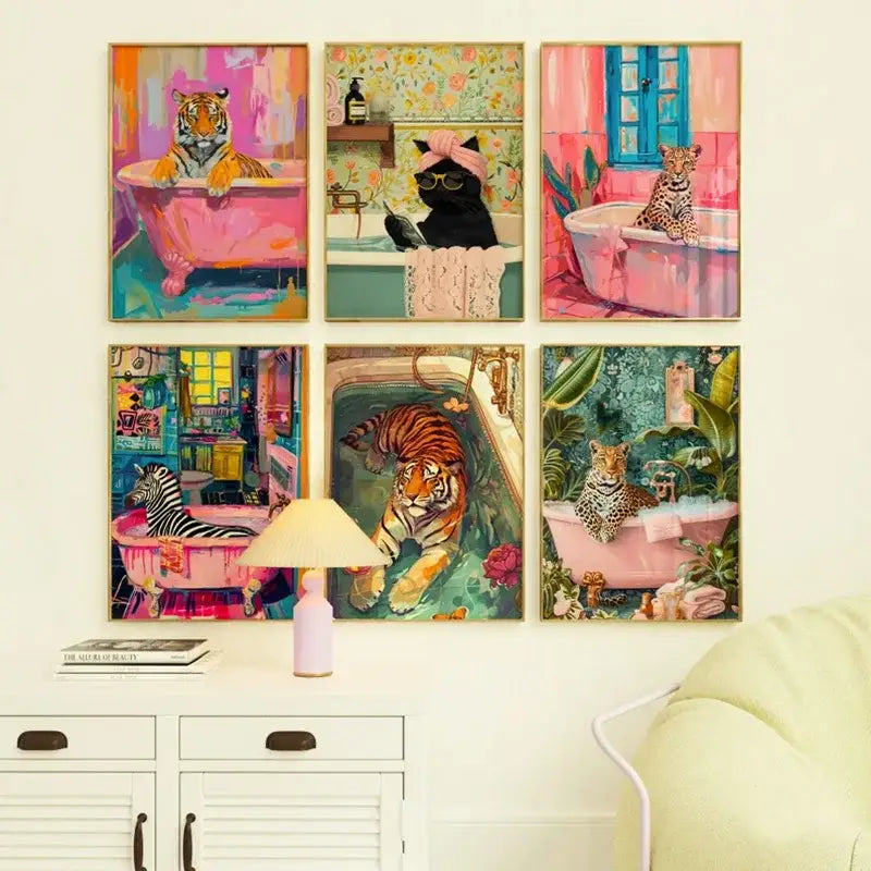 Set of six vibrant framed canvas paintings featuring whimsical tiger zebra and cat wildlife bathroom scenes with bold colors