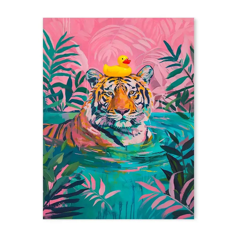DecorBites wildlife bathroom canvas painting of an orange tiger swimming in turquoise water with green foliage and rubber duck