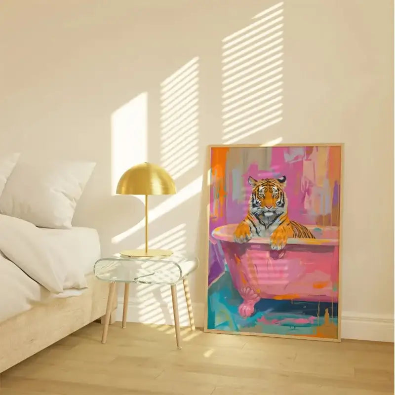 Vibrant abstract tiger canvas painting in pink bathtub with light wood frame for wildlife bathroom canvas decor