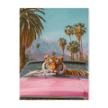 DecorBites™ wildlife bathroom canvas painting featuring a vibrant pink convertible and tiger with palm trees background