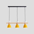 Decorbites wood and metal macaron bowl pendant light with yellow bell shades and white bird figurines mounted on dark blue-gray ceiling with e26 e27 sockets