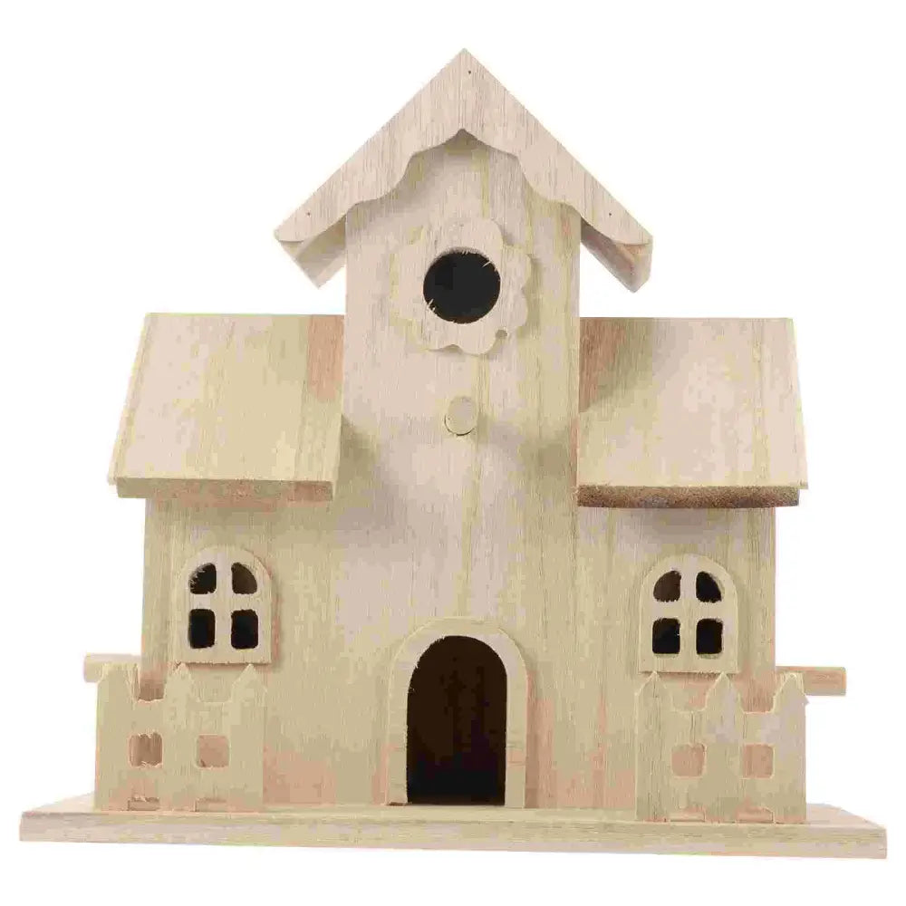 Light-colored wooden birdhouse with gabled roof and decorative windows for decorbites wooden bird nest box garden decor