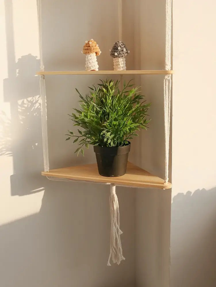 DecorBites™ Wooden Corner Shelf with Macrame - Boho Wall Decor