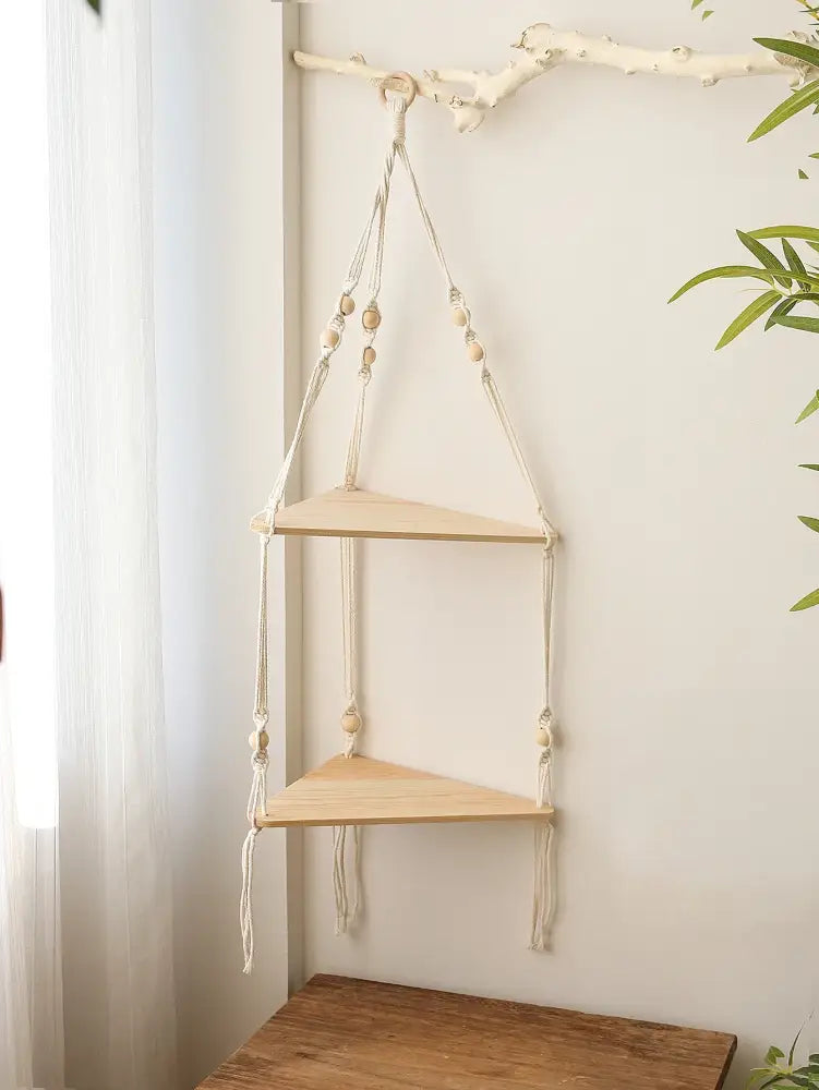 DecorBites™ Wooden Corner Shelf with Macrame - Boho Wall Decor