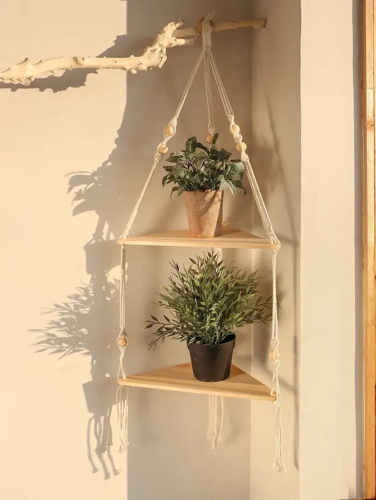 DecorBites™ Wooden Corner Shelf with Macrame - Boho Wall Decor