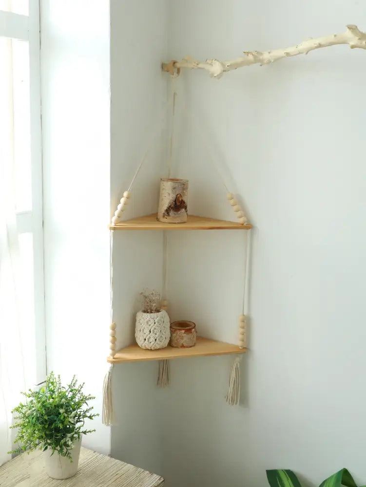 Decorbites wooden corner shelf with natural wood slats macrame cords and beaded accents boho wall decor