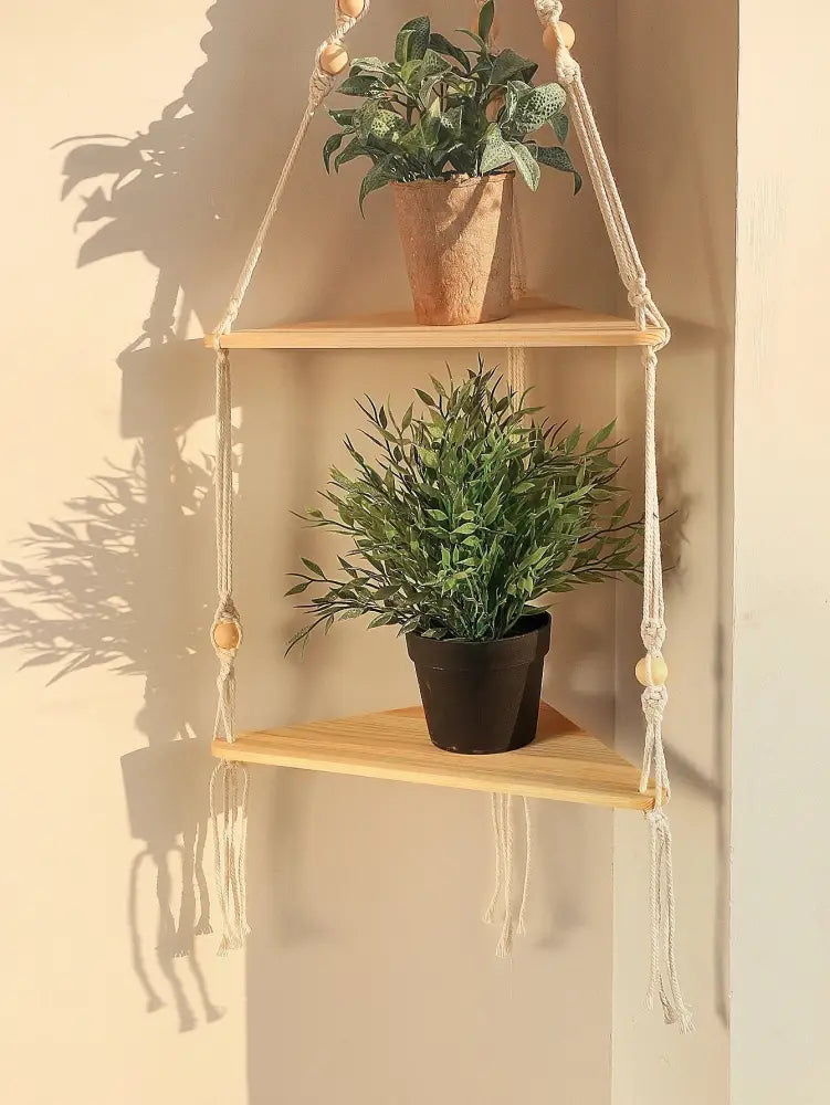 DecorBites™ Wooden Corner Shelf with Macrame - Boho Wall Decor