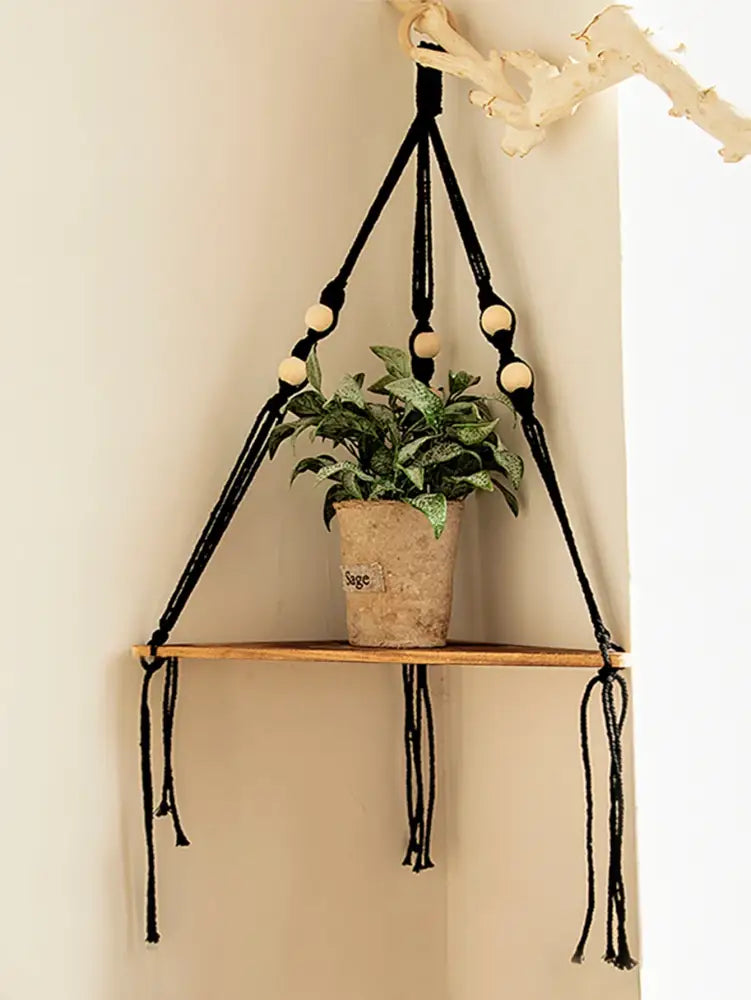 Decorbites™ black macrame wooden corner shelf with wooden slat and light-colored wood beads boho wall decor