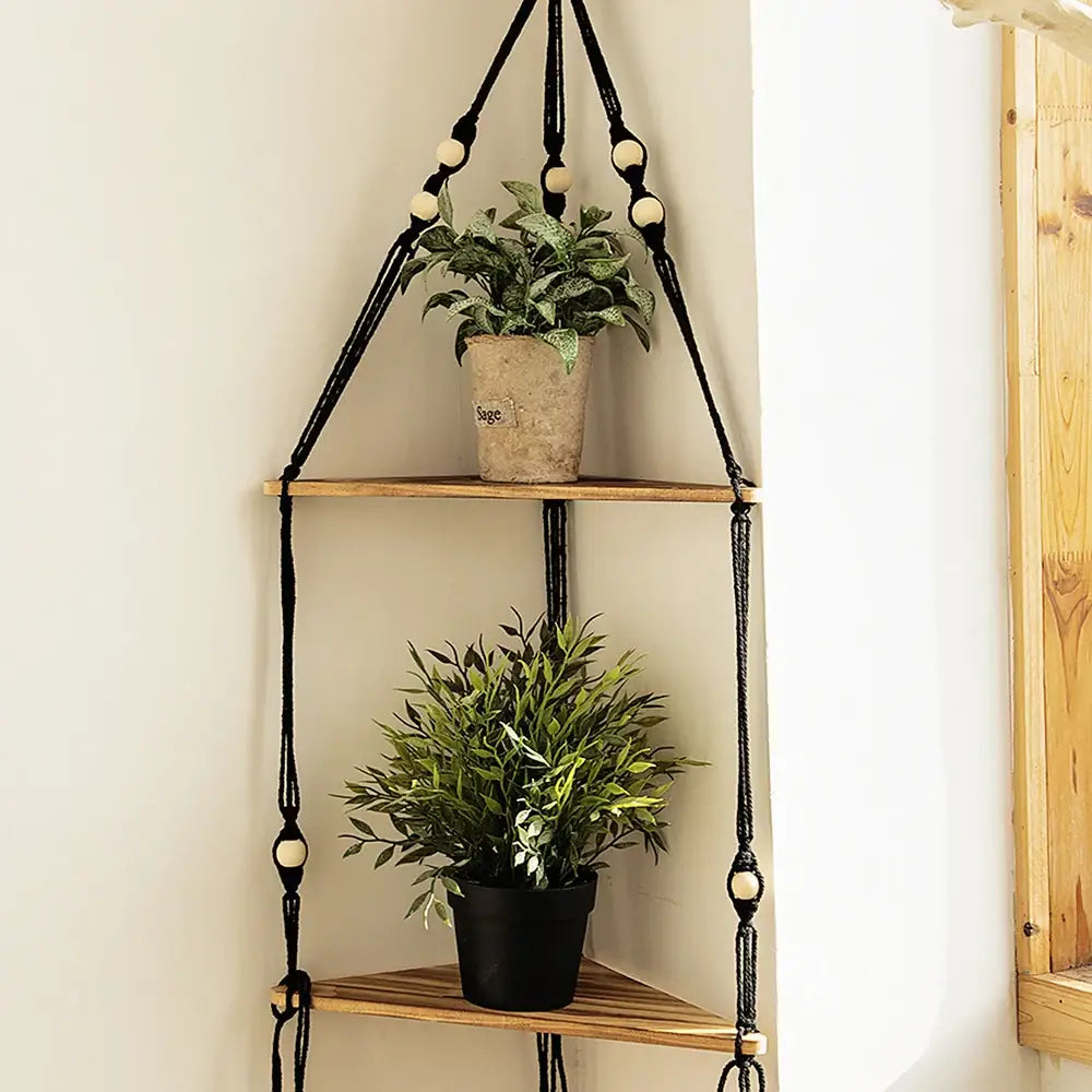 DecorBites™ Wooden Corner Shelf with Macrame - Boho Wall Decor