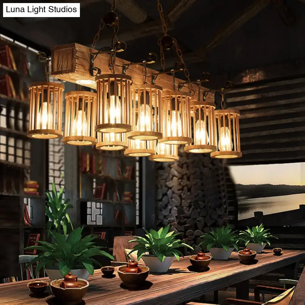 DecorBites™ Wooden Farmhouse Ceiling Light with 10 Heads for Island and Restaurant Dining, Hanging Lamp with Linear Beam