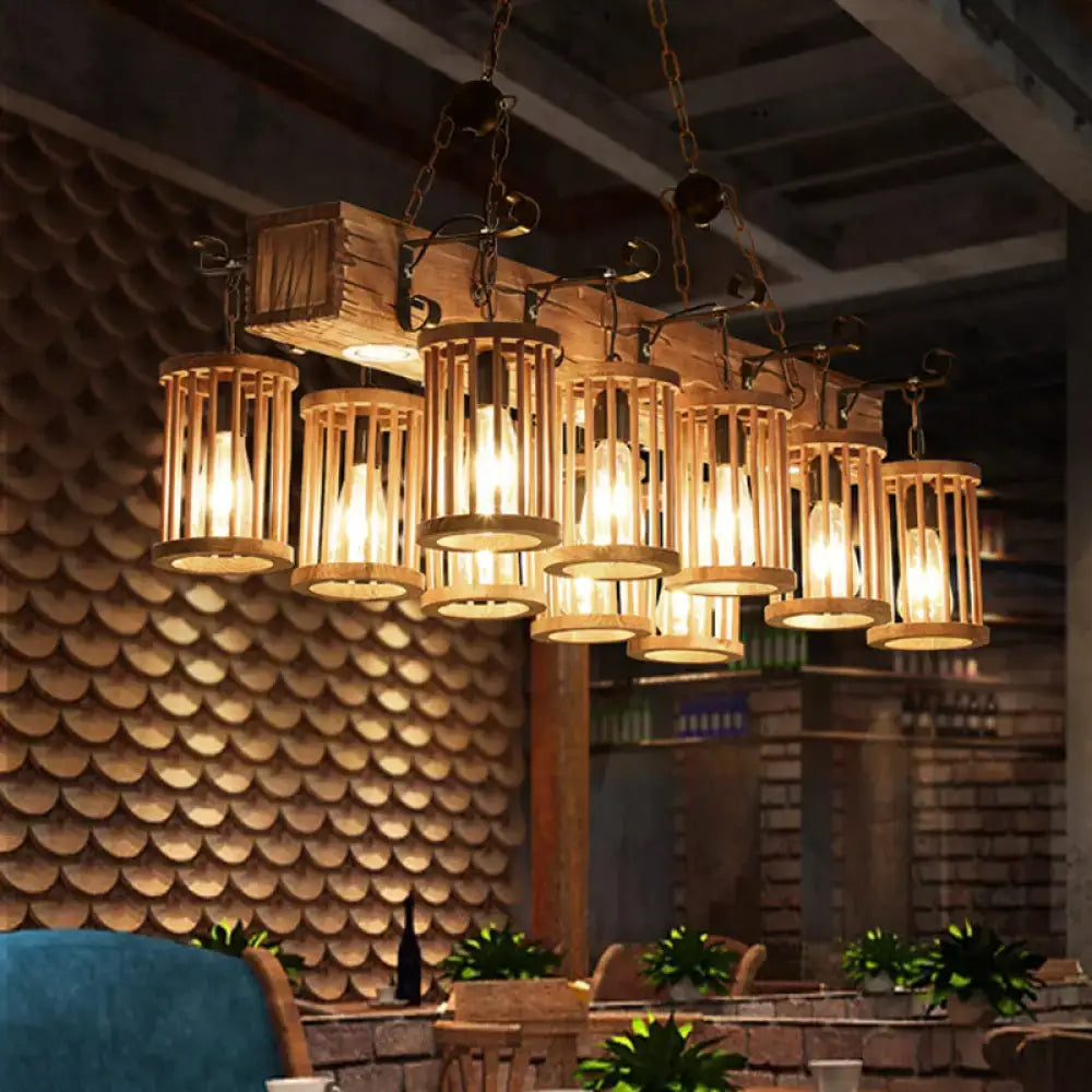 DecorBites™ Wooden Farmhouse Ceiling Light with 10 Heads for Island and Restaurant Dining, Hanging Lamp with Linear Beam