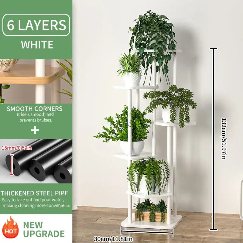White wooden flower plant stand with six tiers, smooth corners, and thickened steel pipe construction by DecorBites