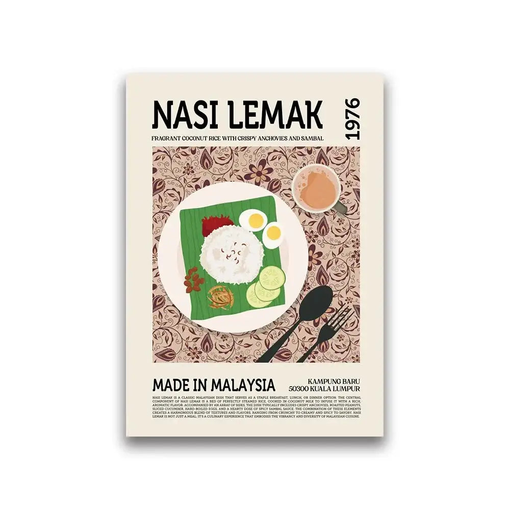 Nasi lemak world cuisine canvas print by DecorBites featuring vibrant dish on green banana leaf for home decor