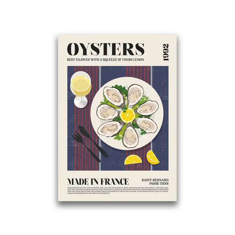 Vintage-style canvas painting DecorBites™ featuring oysters with lemon on white plate against navy blue stripes world cuisine canvas