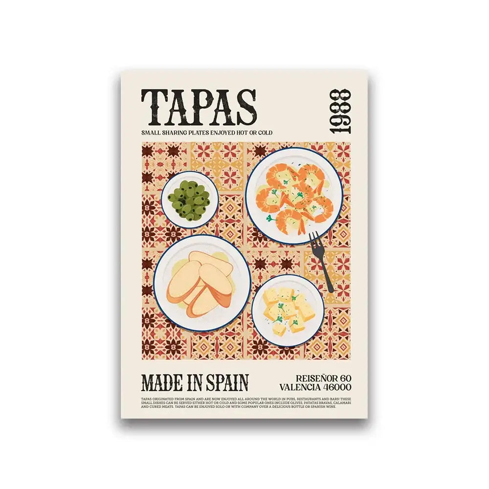 DecorBites world cuisine canvas wall art featuring vintage illustrated tapas plates on a patterned tile background