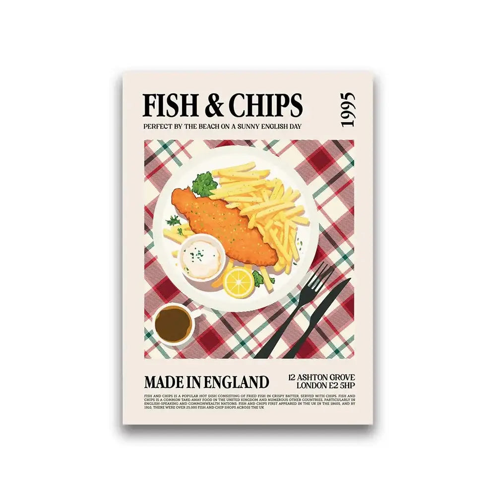 Decorbites™ world cuisine canvas wall art featuring a golden fried fish fillet with fries in a vibrant world cuisine canvas painting