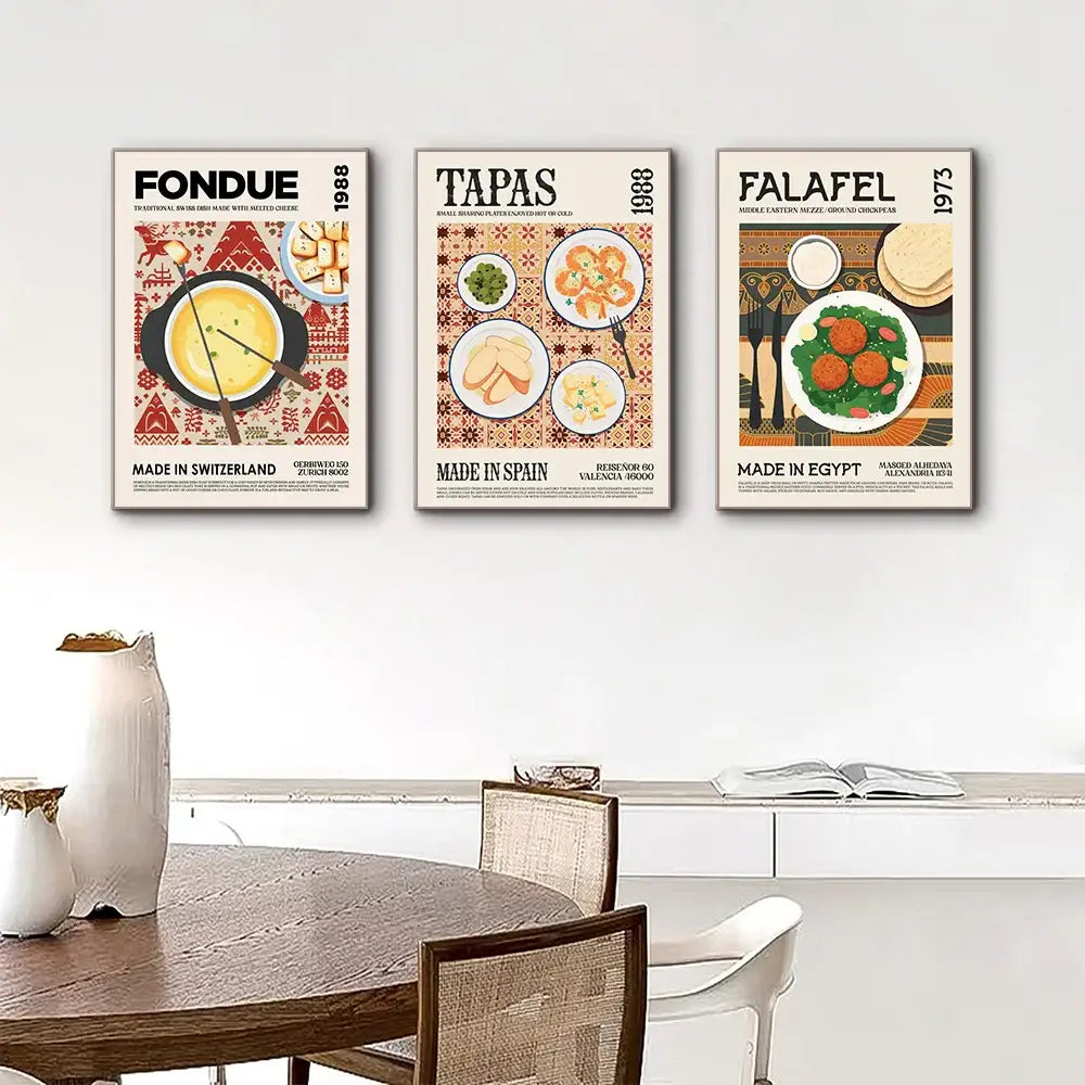 DecorBites™ world cuisine food canvas print featuring three framed vintage-style posters for home decor