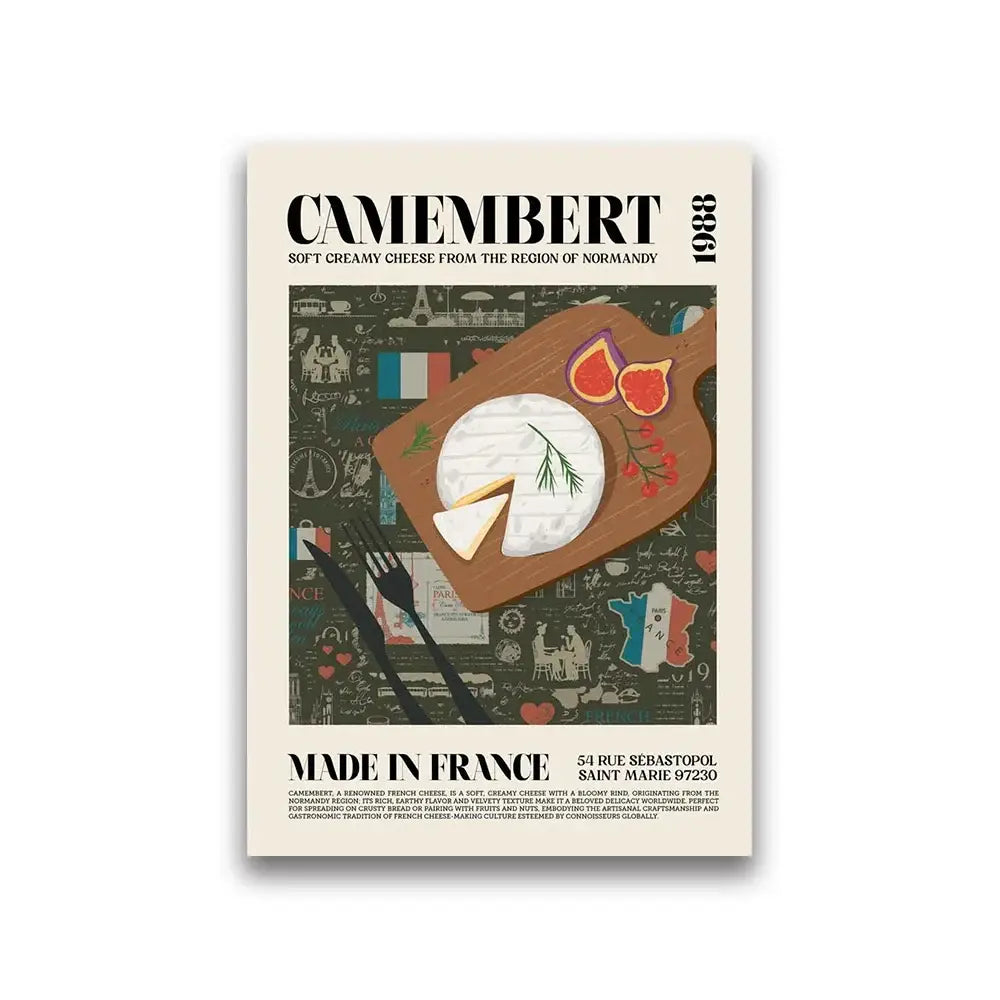 Vintage-style world cuisine food canvas print featuring a white camembert cheese wheel with rosemary garnish on wood