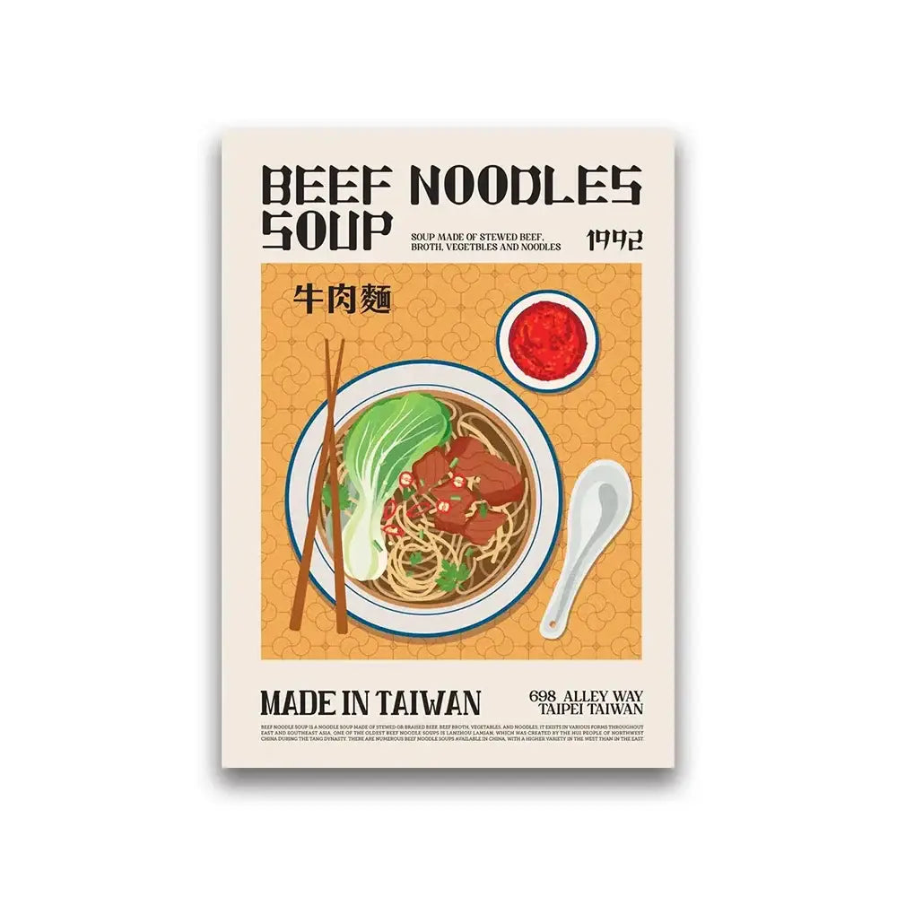 Vintage beef noodles soup poster featuring bowl with broth vegetables and chopsticks on decorbites™ world cuisine food canvas