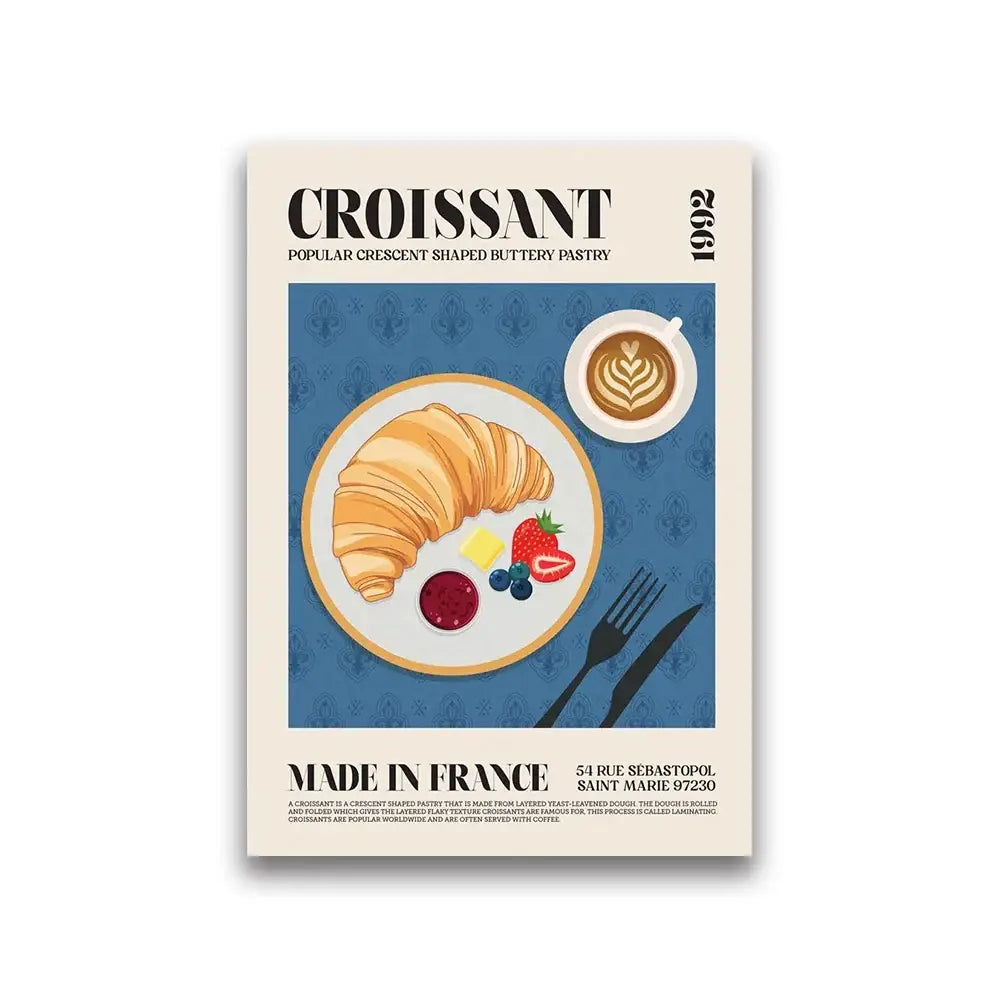 A golden-brown flaky croissant with a glossy sheen on a white plate food canvas for world cuisine food art