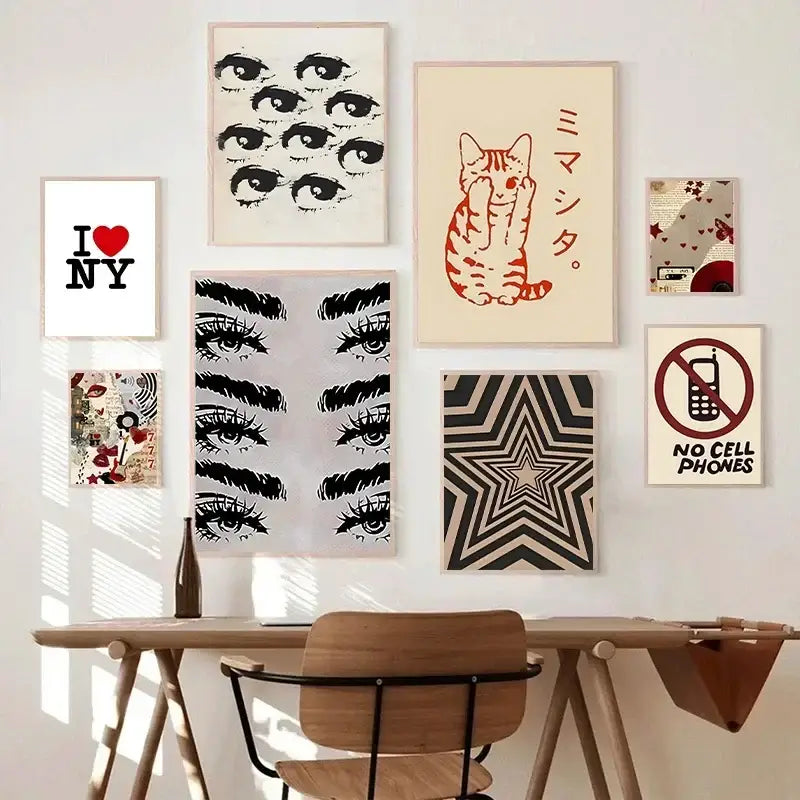 A set of y2k rock style canvas posters featuring black and white eye art, red cat with japanese text, and geometric patterns